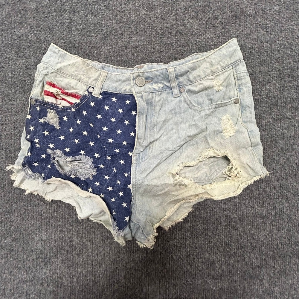 Refuge Denim Shorts Womens Size 6 Blue Patriotic American Flag Distressed Cotton